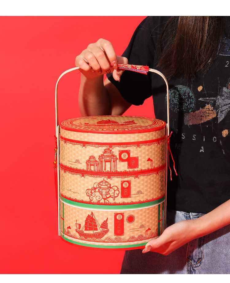 传统三层圆形手提春盛礼盒 新年节日潮汕年货礼物纸质包装盒定做