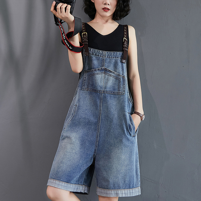 Younger Denim Suspender Pants Women's Korean Style 2023 Summer New Loose High Waist Slimming Sling One-Piece Wide Leg Shorts