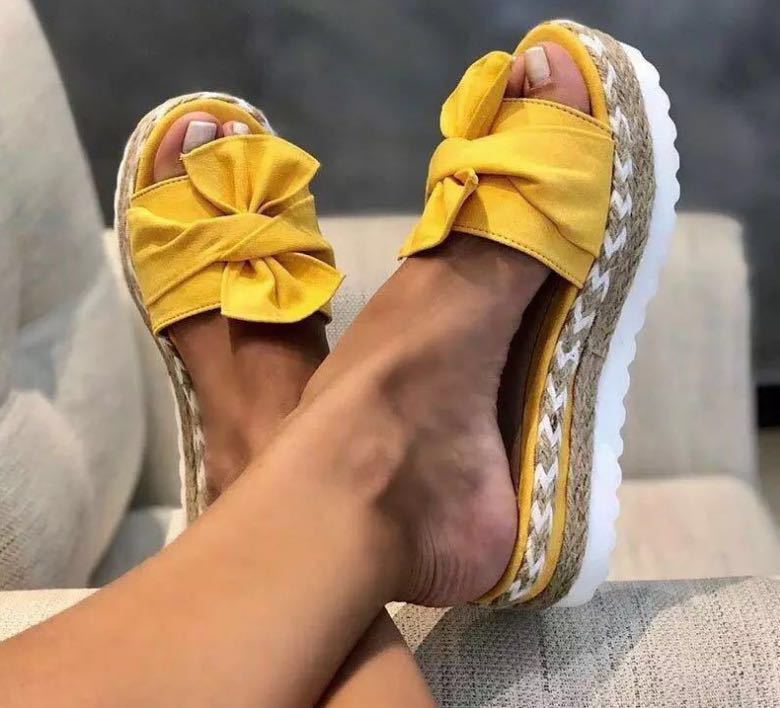 Foreign Trade Large Size Women's Shoes One-Word Sandals Women's Outer Wear European and American Summer Wedge Bow Slippers Women's Beach Sandals