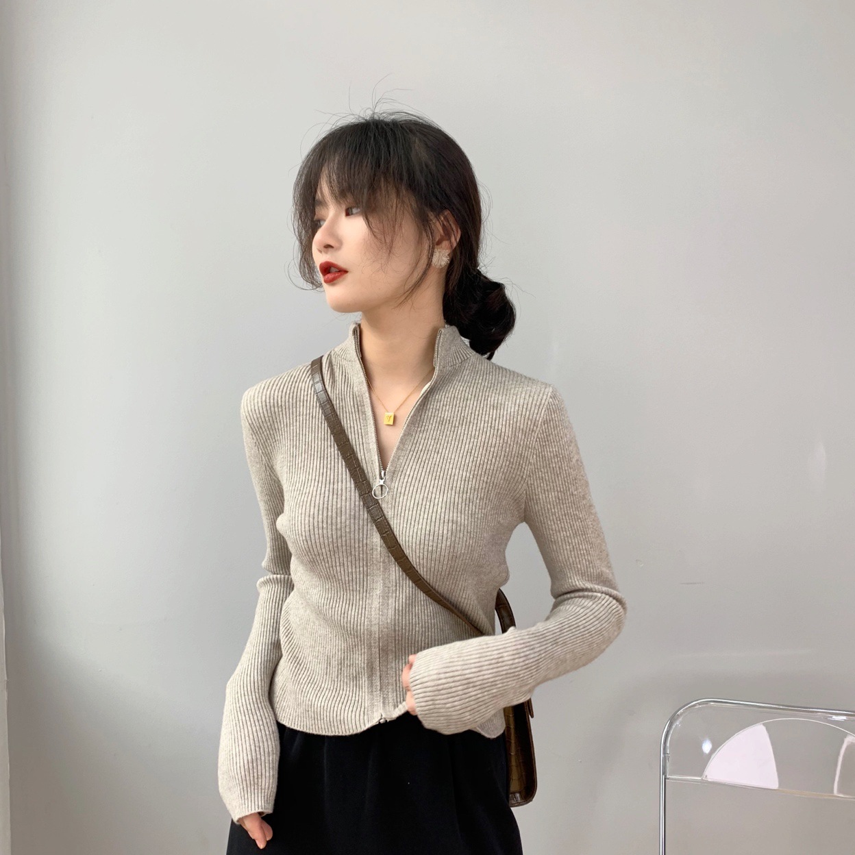 Jia Zhi High Street Girl Wear Zipper Knitted Long-Sleeved Fried Street Sweater 8t8073 Short Elegant Slim Sweater