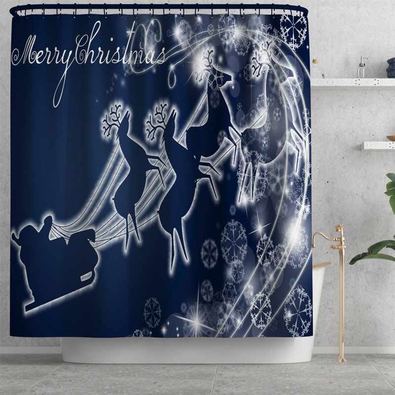 HOTSALE Christmas Series Blue Bottom Christmas Team Waterproof Mildew-Proof Shower Curtain Bath Curtain Mat Suit