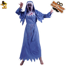 大女血腥修女角色扮演万圣节恐怖服装化妆舞会戴面罩蓝色女连衣裙