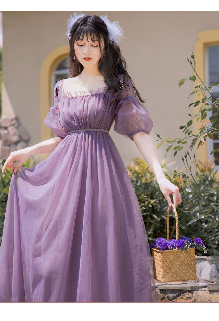 法式长裙仙气超仙森系紫色仙女裙方领泡泡袖复古连衣裙2020新款夏