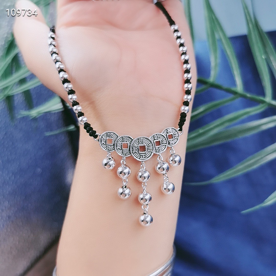 925纯银五帝钱990转运珠手工编织项链女生项链转运五帝钱防过敏