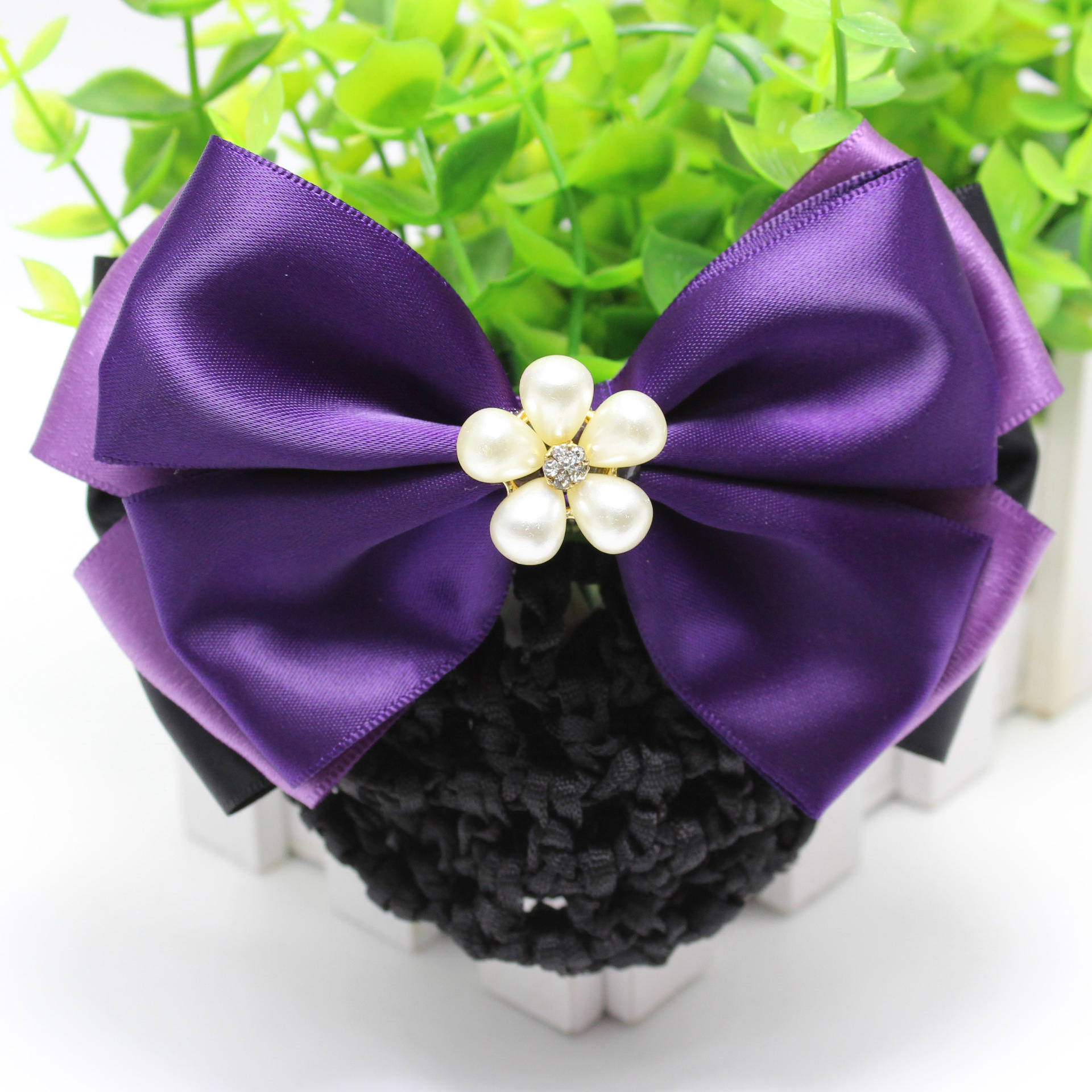 韩版多色蝴蝶结职业头花发夹网兜 五颗珍珠花朵镶钻发饰批发