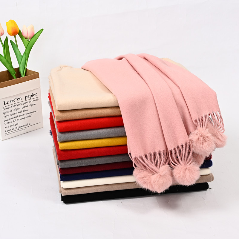 korean double-sided dual-use fur ball scarf female 2023 spring and autumn new cashmere-like solid color scarf scarf scarf warm wear