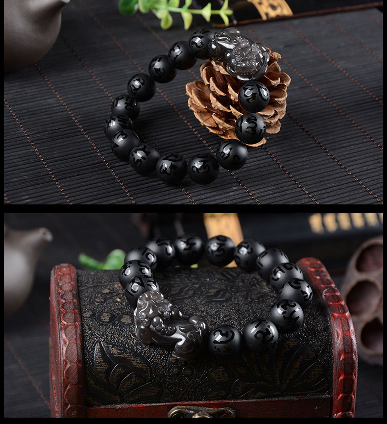 批发 黑曜石六字真言圆珠貔貅手链 男女款黑曜石玉石手串