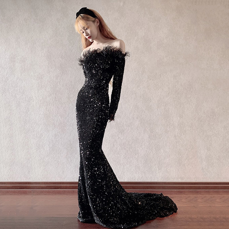 羽毛晚礼服裙女宴会大气鱼尾一字肩长款拖尾气场女王长袖修身显瘦