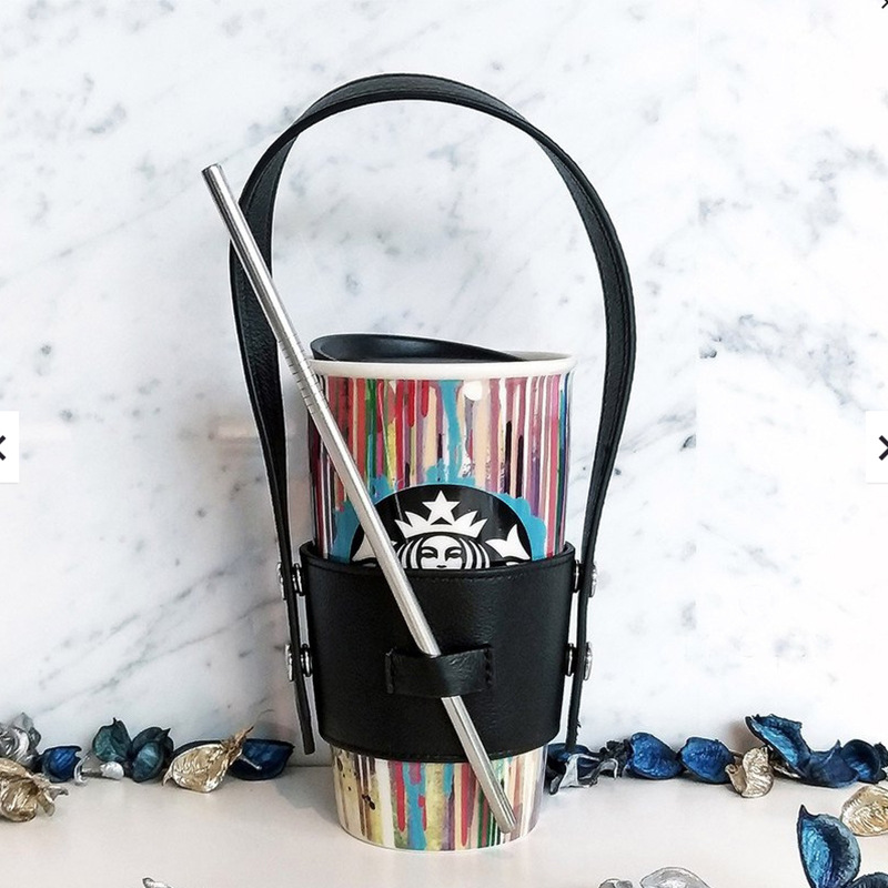 个性皮革奶茶杯套 隔热水保温杯杯套 简约可拆卸饮料挎肩杯套