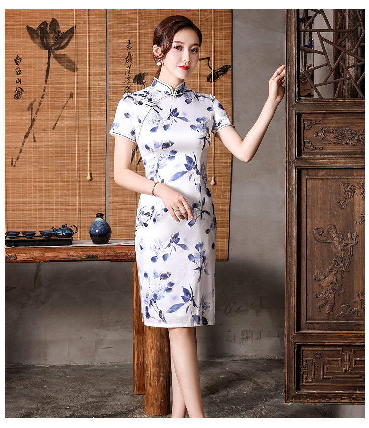 日常短袖复古真丝旗袍少女款 短款桑蚕丝改良旗袍连衣裙一件代发