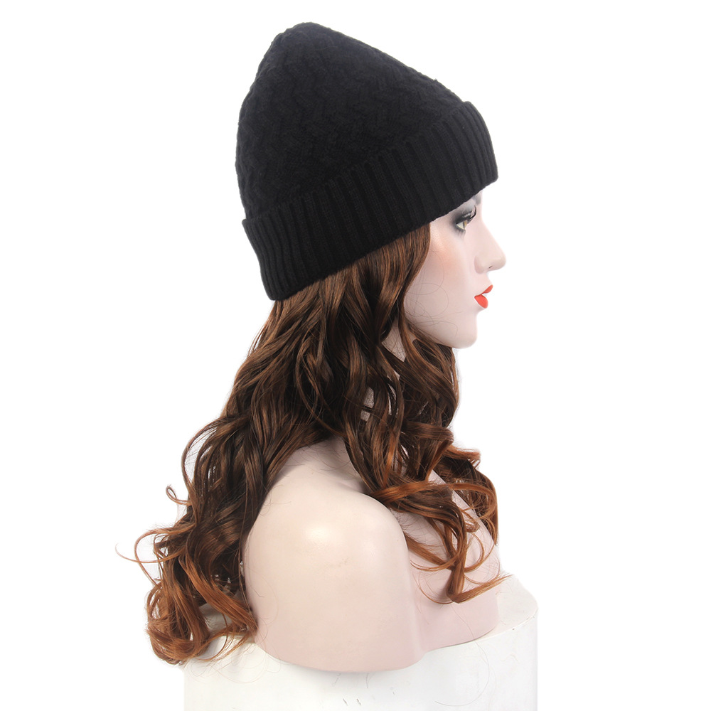 女士发帽一体黑色针织帽子假发 冬天保暖长卷棕色假发帽子一体