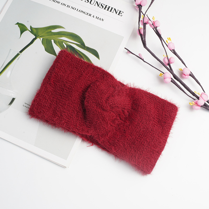 New Mink Wool Hair Band Warm Cross Women's Knitted Hair Band out Hair Band Simple Face Slimming Headband