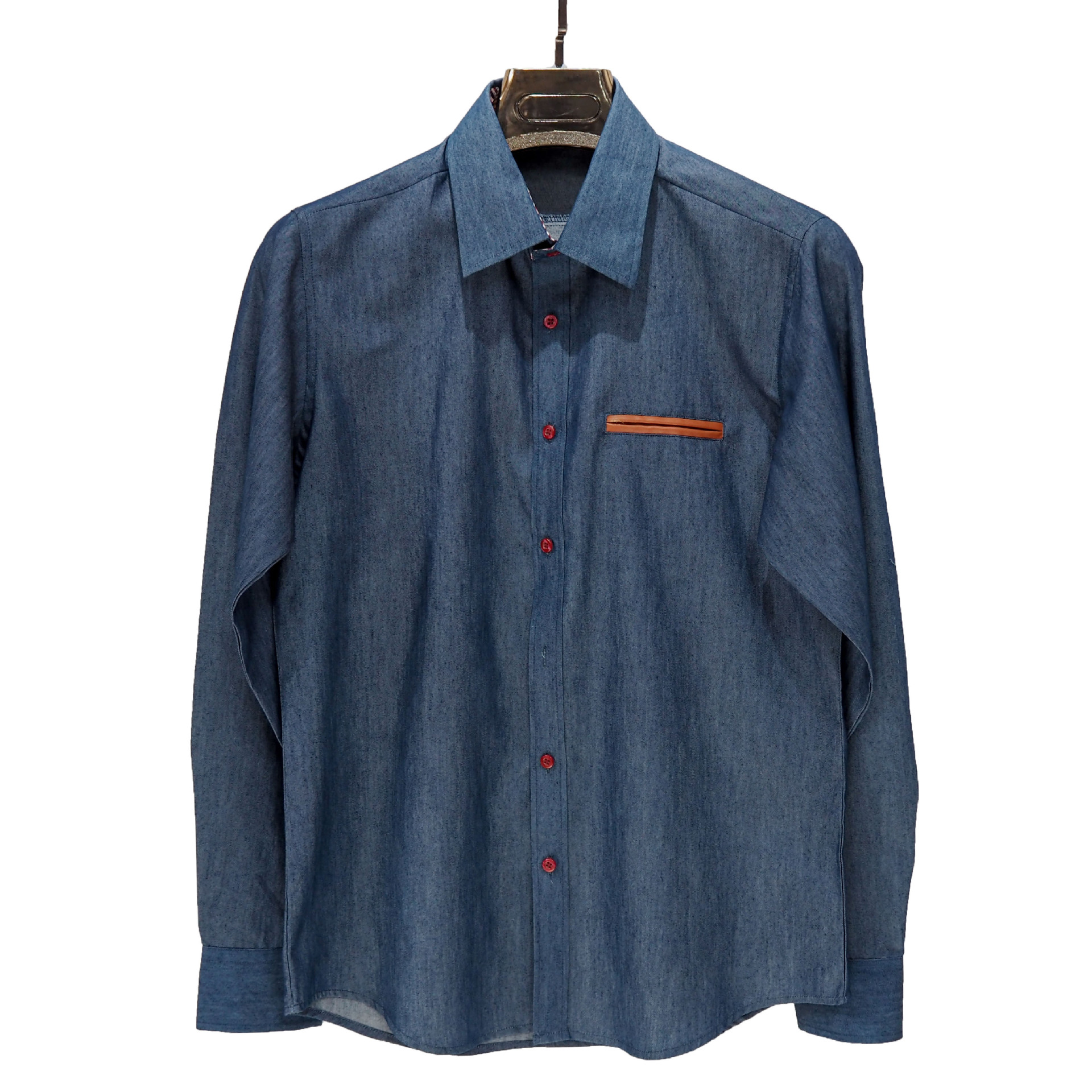 跨境专供 牛仔男衬衫长袖 韩版宽松休闲男衬衫 假口袋镶皮条 定制