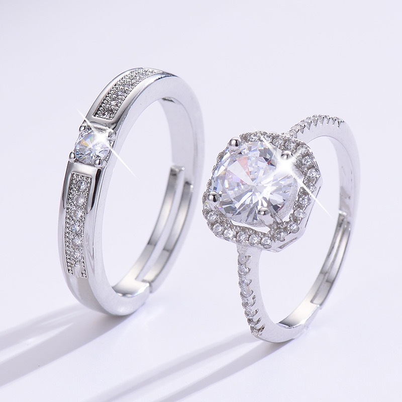 Couple Couple Rings Open Diamond Ring Wedding Ring Simulation Wedding Ring Men's and Women's Silver Plated Ring Women's Wholesale Jewelry