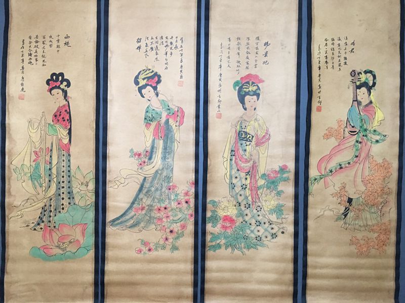 仿古字画批发 中堂画 居家装饰画 礼品 四条屏国画 唐寅四大美女