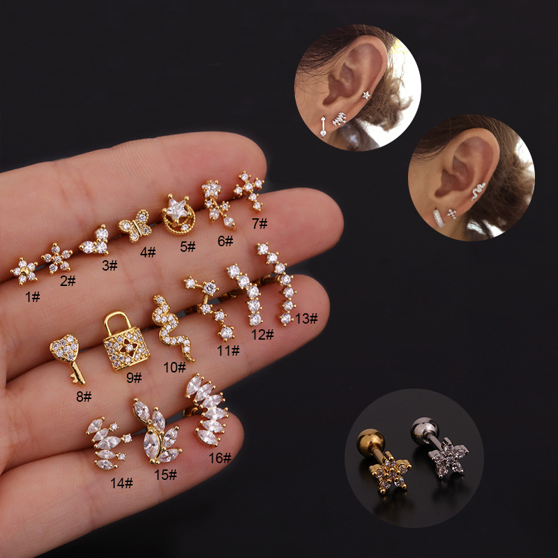 Cross-Border New Arrival Zircon Ear Bone Stud Stainless Steel Threaded Key Stud Earrings for Women Korean Creative Personality Ear Rings