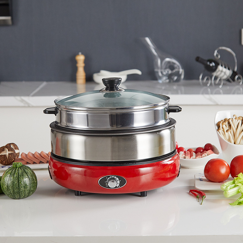 家用大容量带蒸笼电火锅 多功能煲汤蒸煮煎炸焖一体电火锅批发