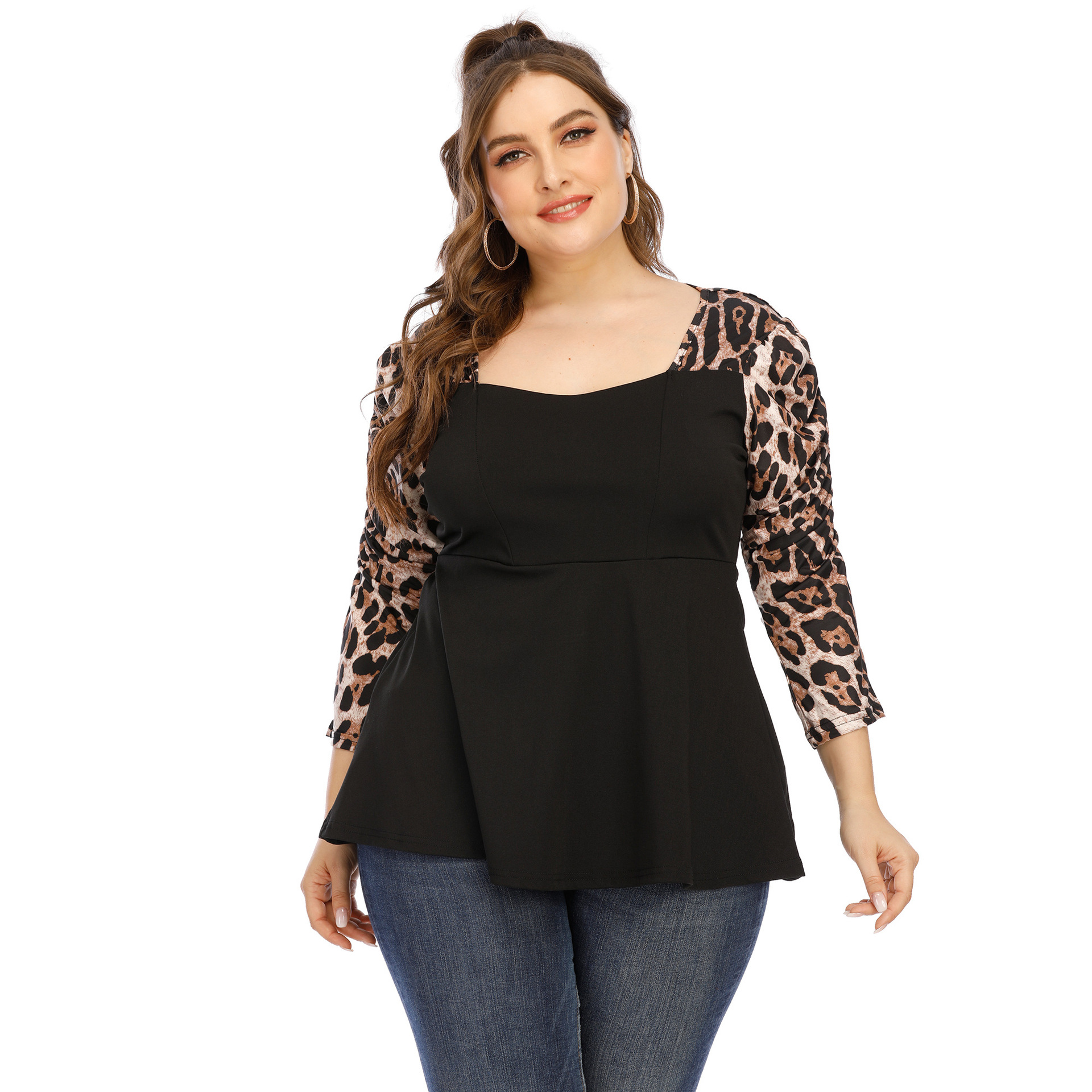 跨境货源大码女装褶皱泡泡袖七分袖豹纹拼接时尚t恤上衣f191112