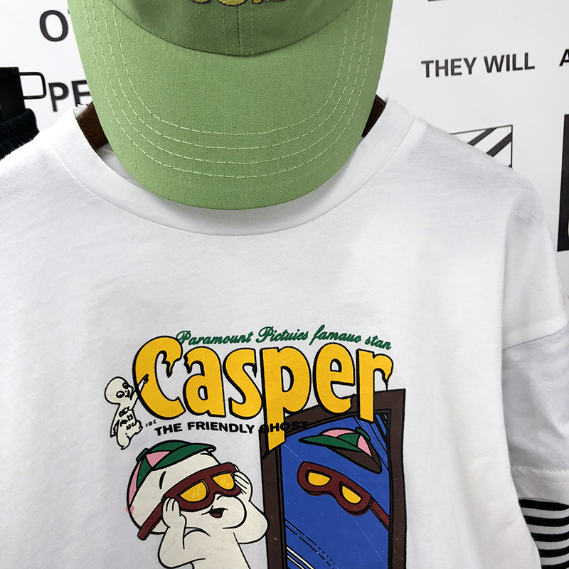 童装批发2020春季棉类caspert恤男宝宝印花长袖上衣拼接条纹衣服