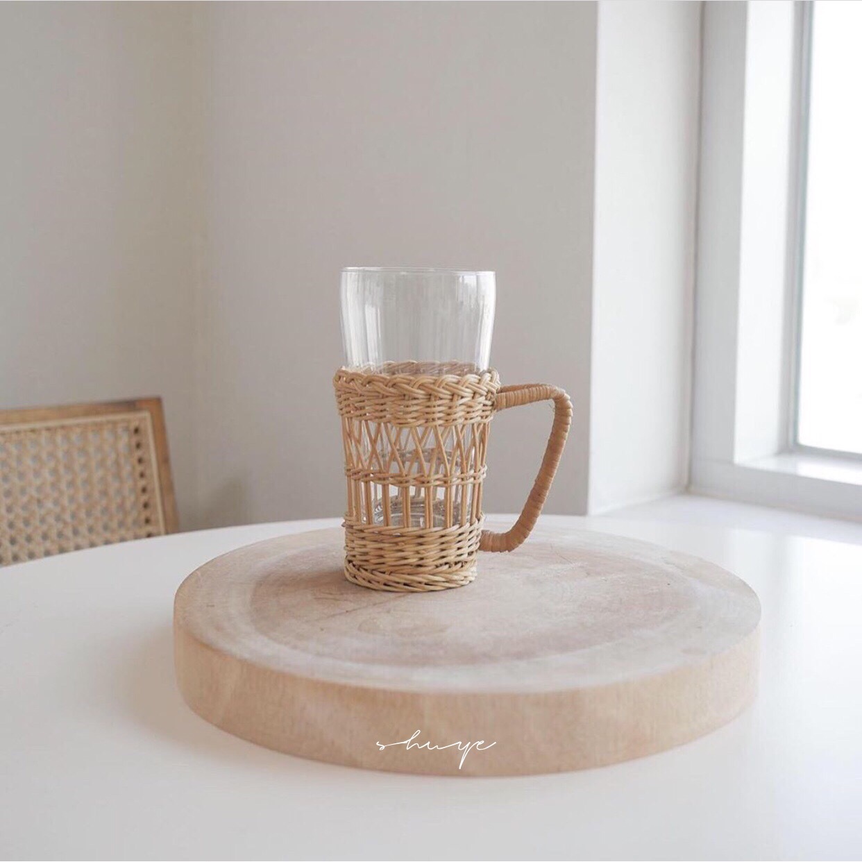 日式ins印尼白藤编杯套玻璃防烫手工编织网红玻璃杯带把手保护套