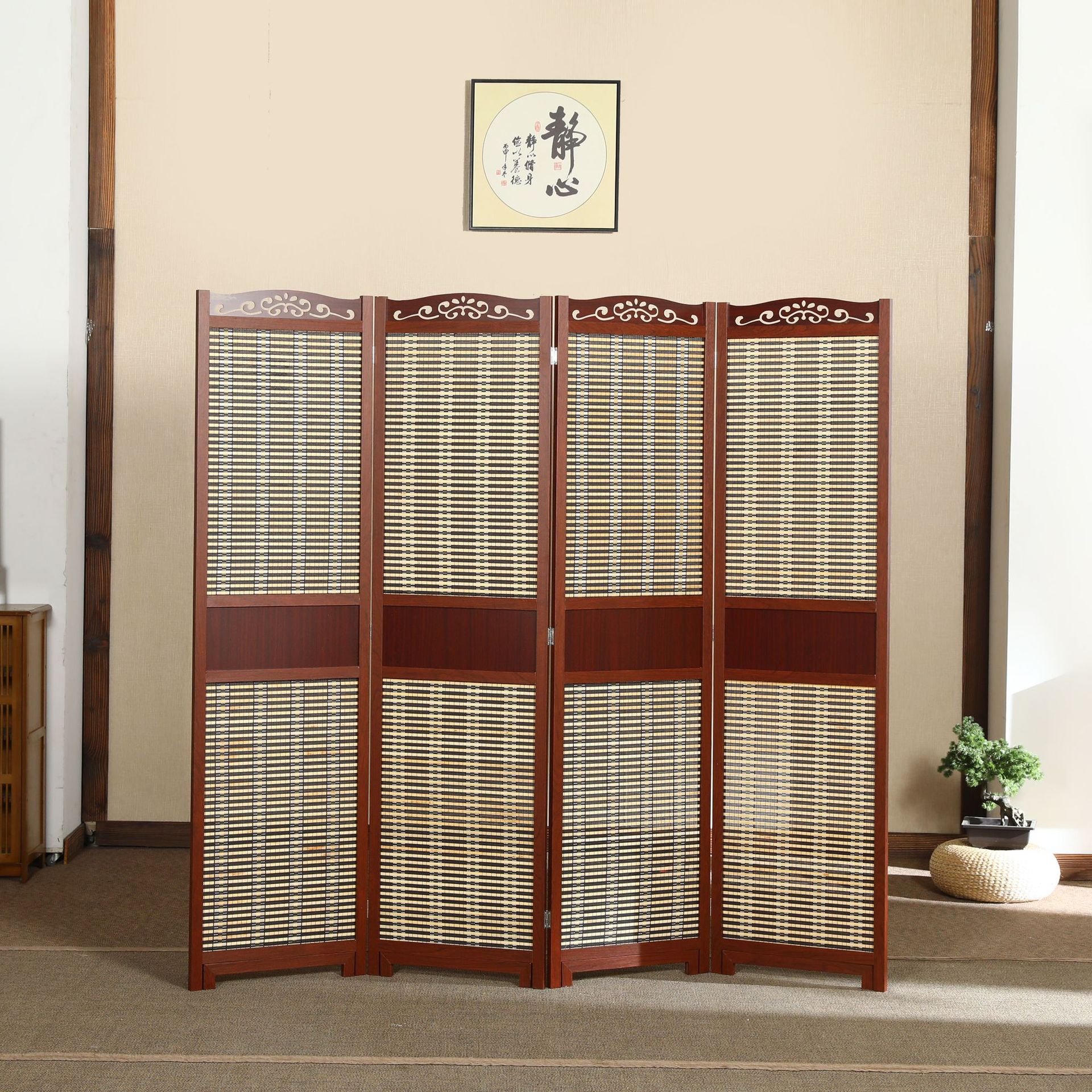 新中式屏风隔断复古中国风红木实木镂空竹编移动折叠屏风玄关座屏