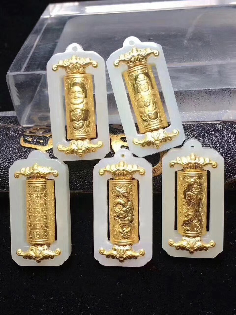 转运筒和田玉足金 金镶玉转运筒 款观音佛 时来运转百福玉坠吊坠