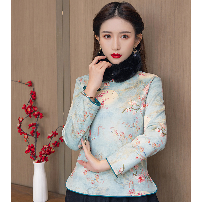 秋冬新款加厚鹿皮绒唐装女冬装上衣长袖日常中国风女装茶艺师茶服