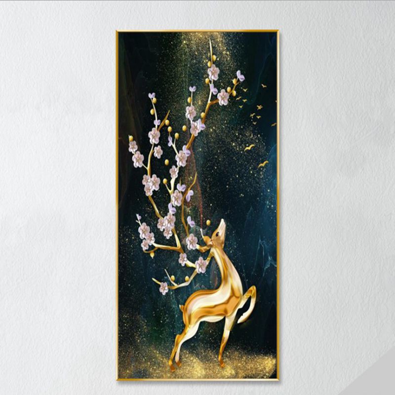 玄关装饰画 竖幅发财鹿晶瓷挂画 入户走廊过道壁画