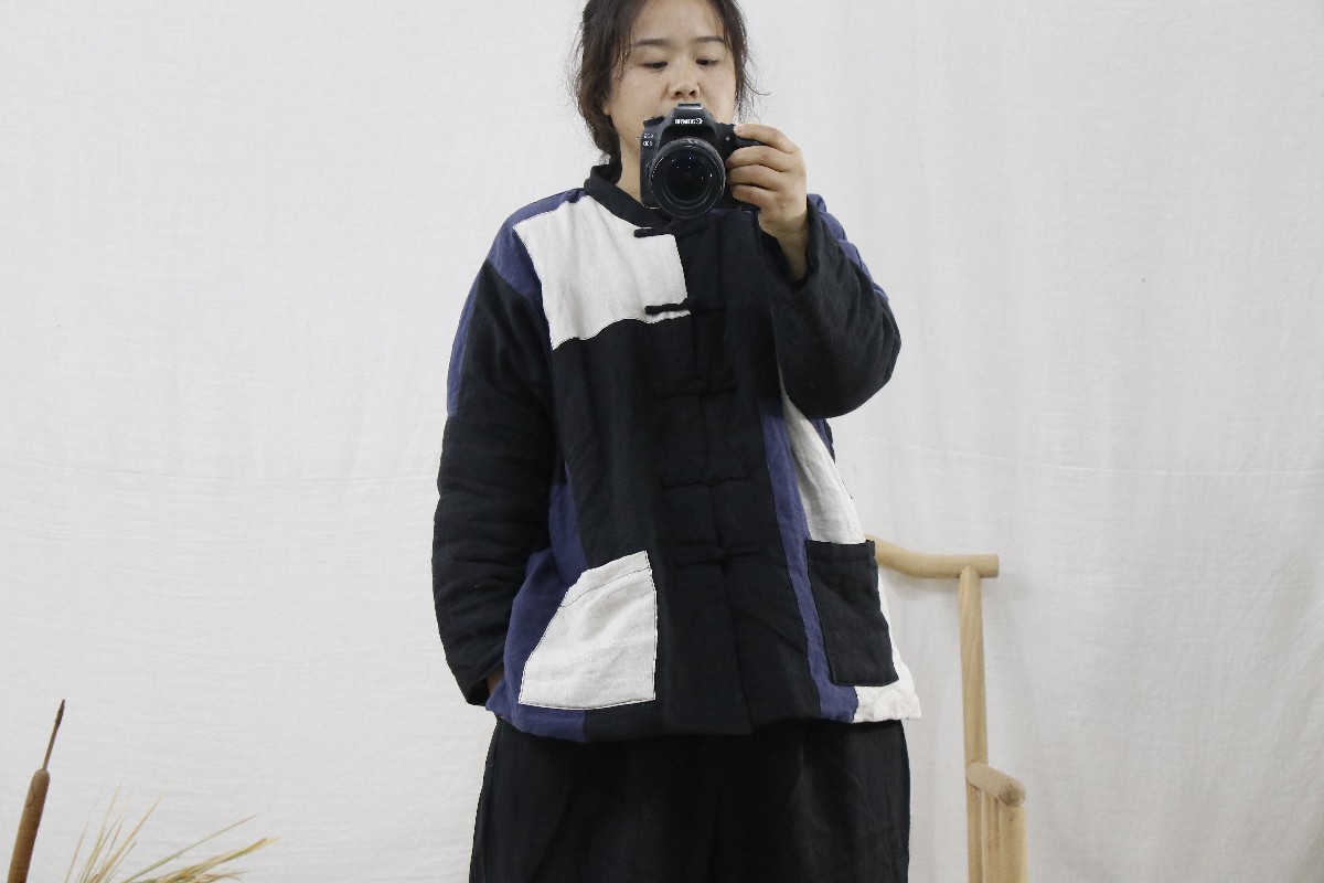 布衣风格棉衣亚麻拼接撞色男女同款棉袄手工盘扣开衫棉服2090