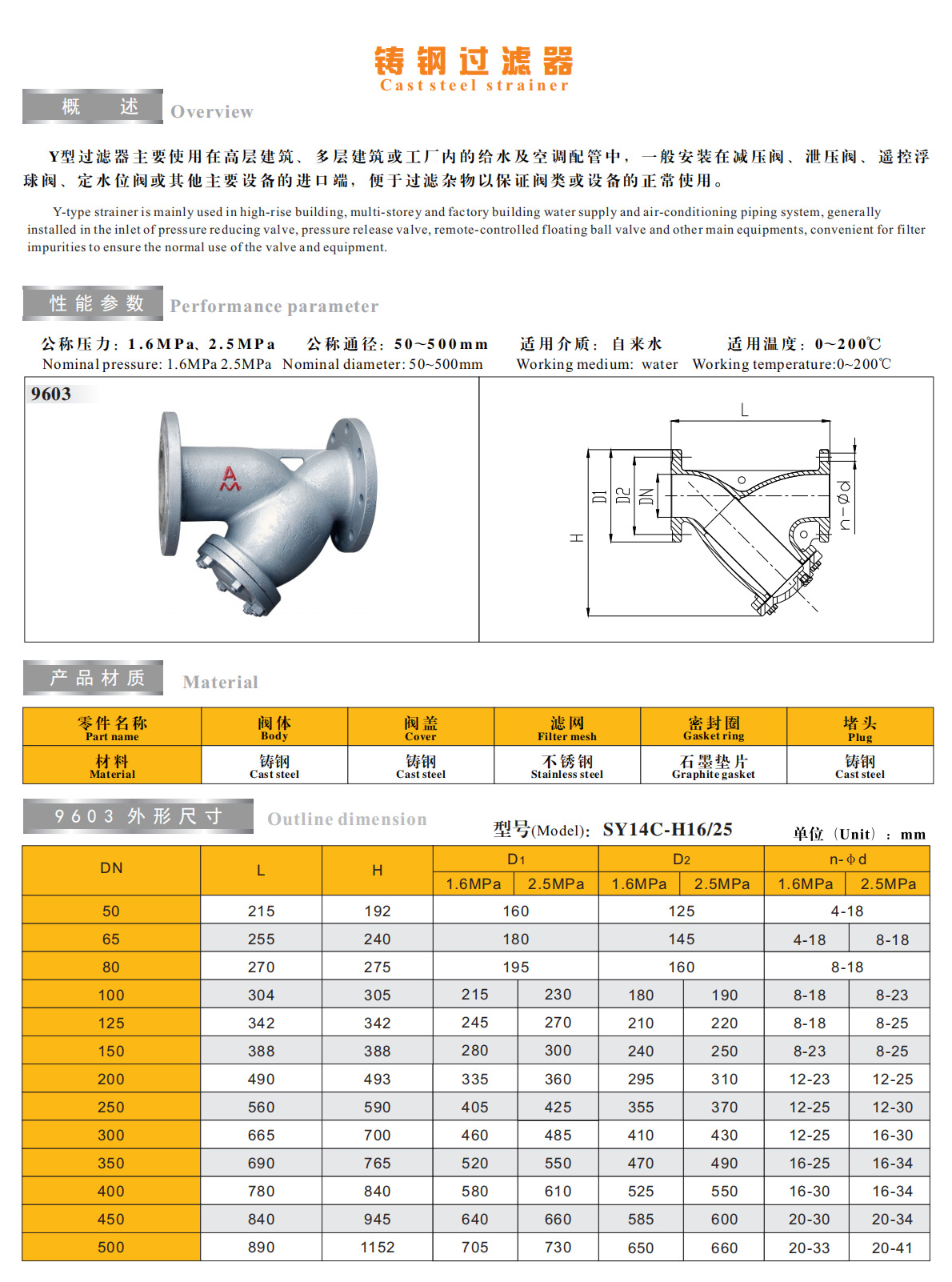 批发宁波埃美柯阀门 铸钢y型过滤器 9603 sy14c-h16
