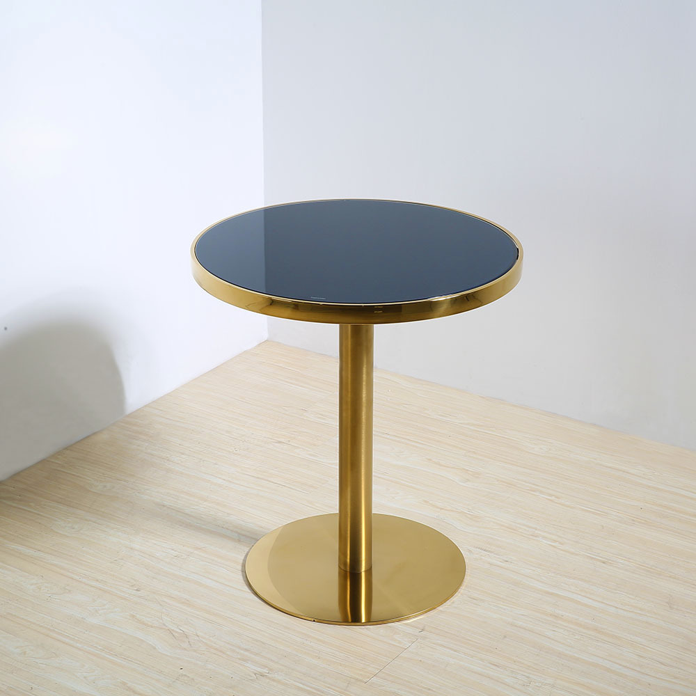 黑色钢化玻璃轻奢餐桌咖啡店餐厅休闲洽谈桌子金色不锈钢圆形桌子