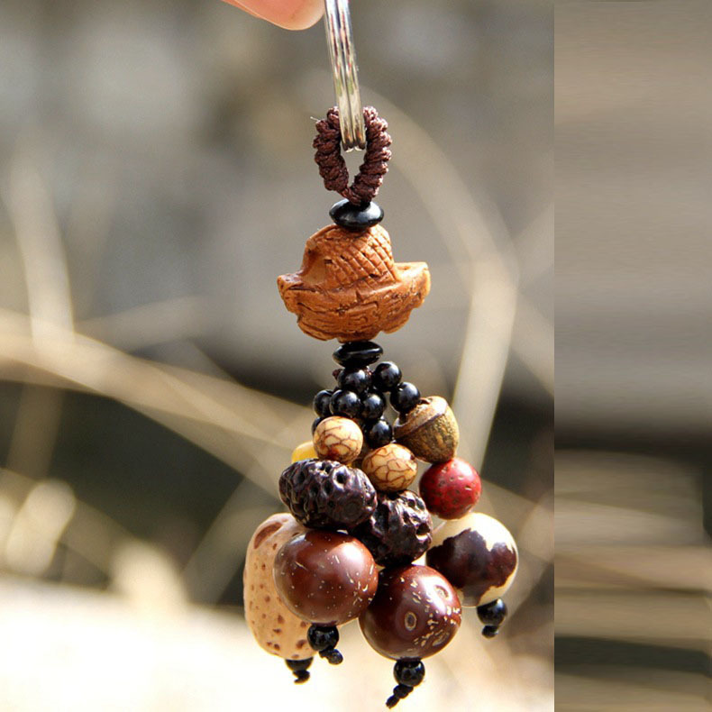 桃核菩提子钥匙扣 汽车 手工串制 十八菩提子挂件一帆风顺