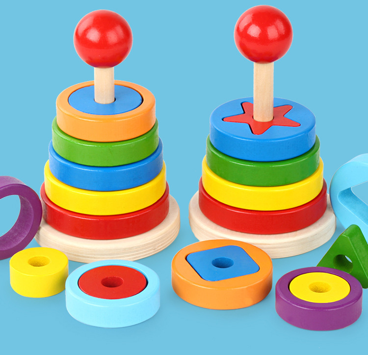 木质制双层多边圆形叠叠乐积木儿童早教益智形状配对套彩虹塔玩具