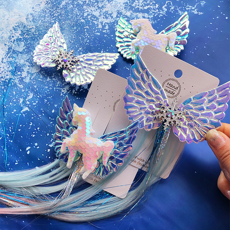 儿童韩国发饰冰雪奇缘发夹梦幻翅膀雪花天马彩色假发公主大顶夹
