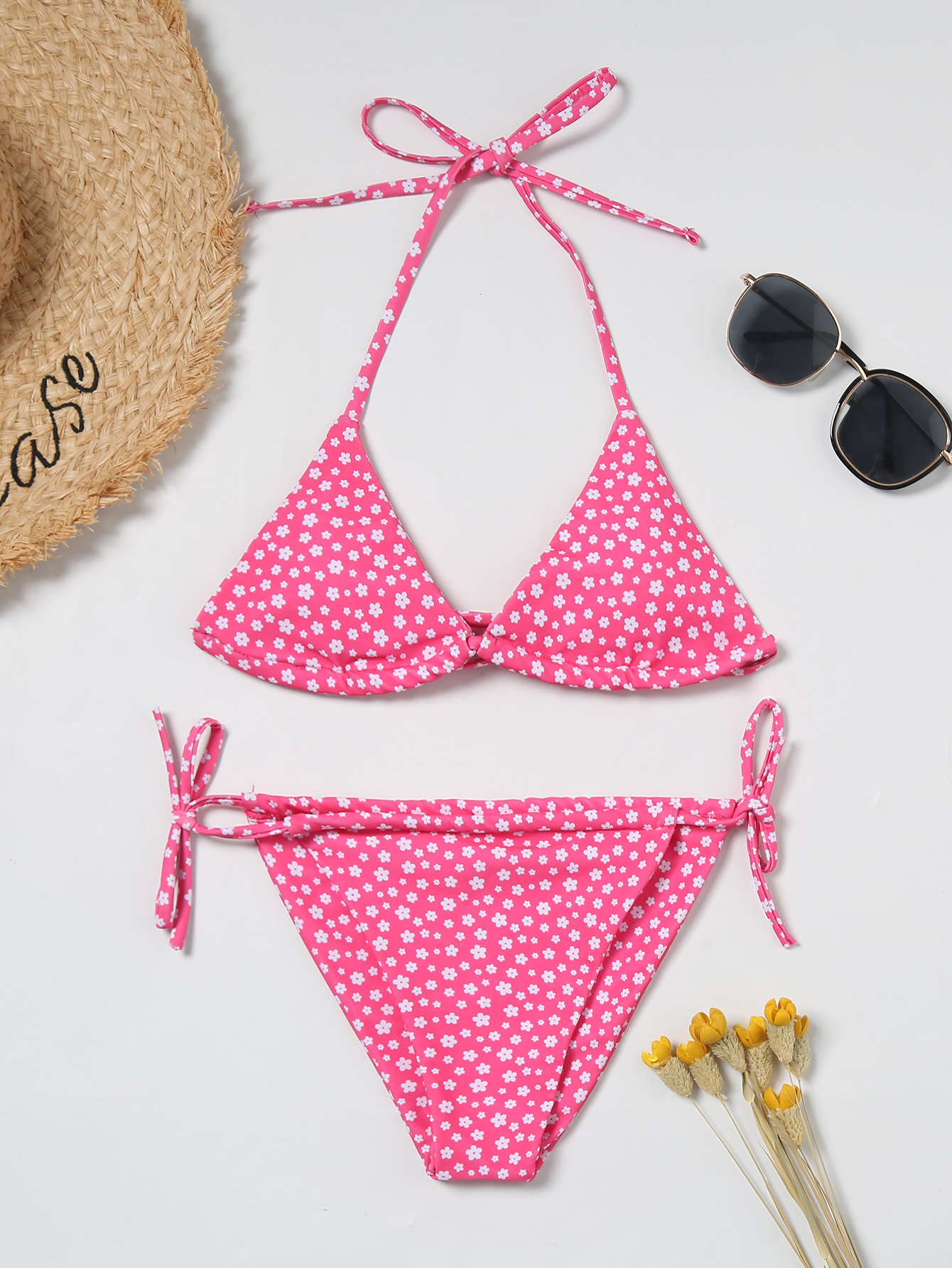 2020新款碎花系带三角杯比基尼多色基础分体泳衣小清新分体泳装