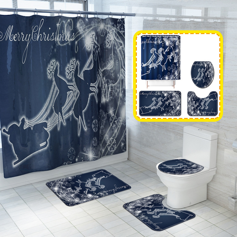 HOTSALE Christmas Series Blue Bottom Christmas Team Waterproof Mildew-Proof Shower Curtain Bath Curtain Mat Suit