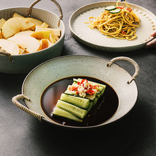 景德镇粗陶菜盘家用日式餐具鱼盘创意双耳盘子陶瓷复古餐具盘子