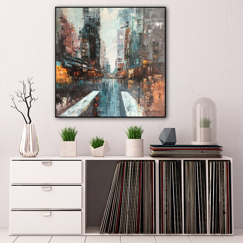 手绘油画 抽象都市街景油画 印象主义沙发背景挂画 酒店ktv装饰画