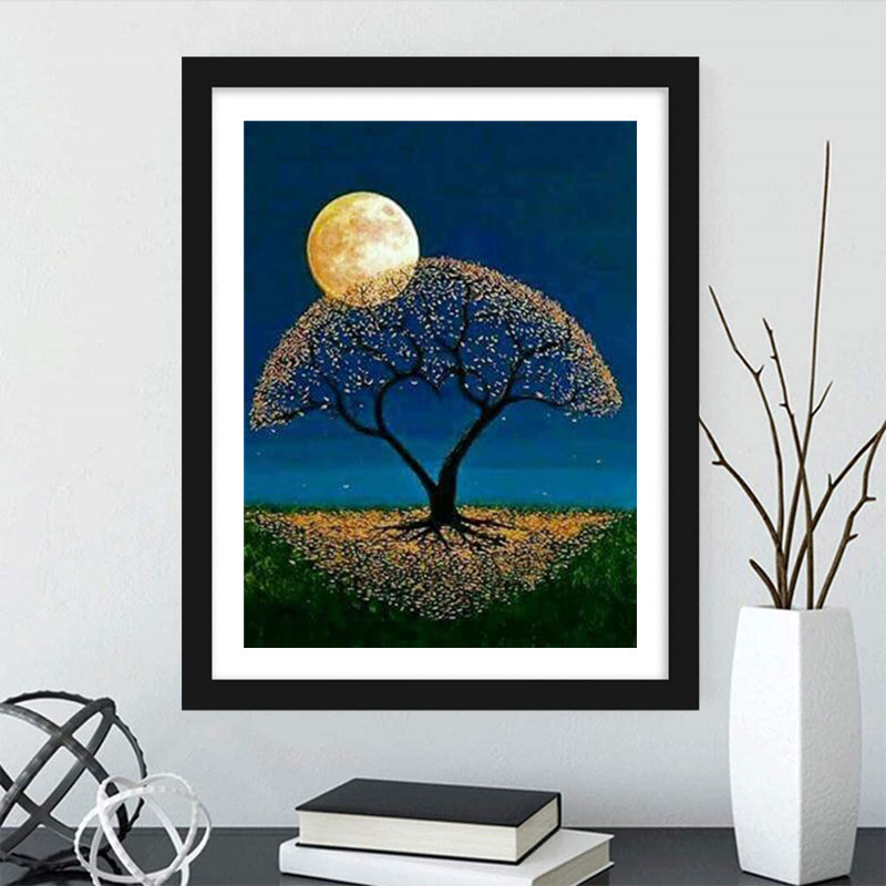 跨境热销5d钻石画 满钻月亮风景树diy贴钻十字绣装饰画厂家批发