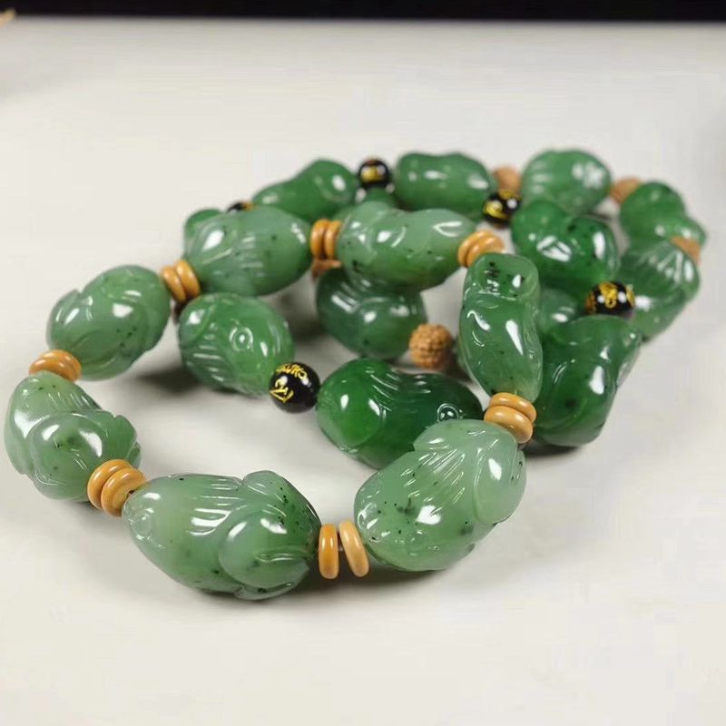 温润斋天然和田玉俄料碧玉玉石呱呱来财手链玉器青蛙手串送证书