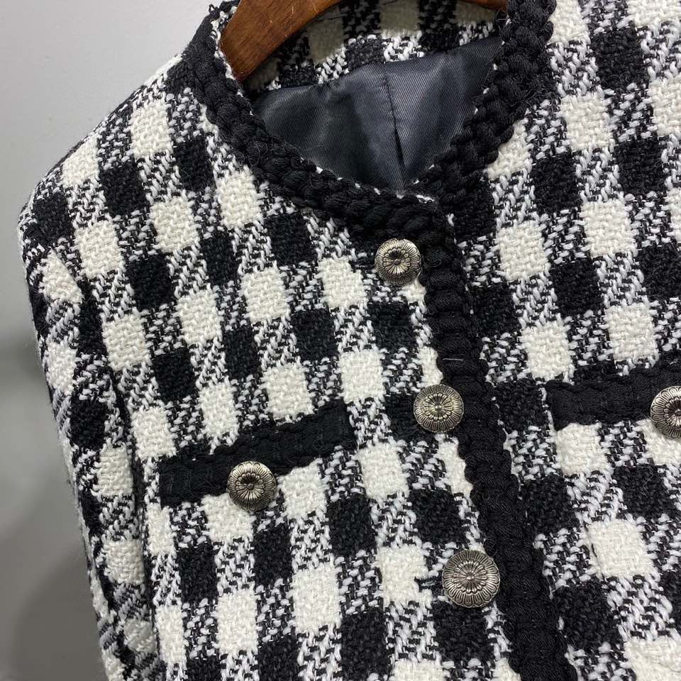 粗花呢外套 2020秋冬新款 气质简洁短款黑白格子拼接单排扣外套