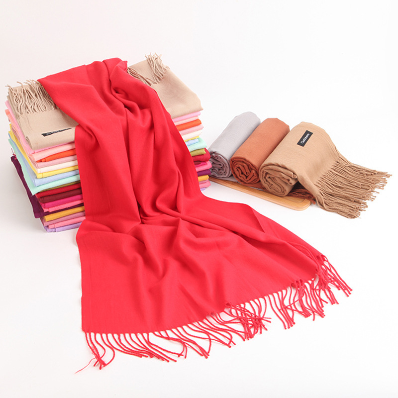 Artificial Cashmere Scarf Women‘s Korean-Style Autumn and Winter Keep Warm Pure Color Annual Meeting Red Cashmere Scarf Tassel Shawl Factory Wholesale