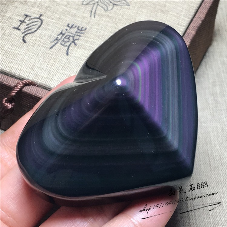 天然心形彩虹眼黑曜石原石 爱心原石 彩虹眼