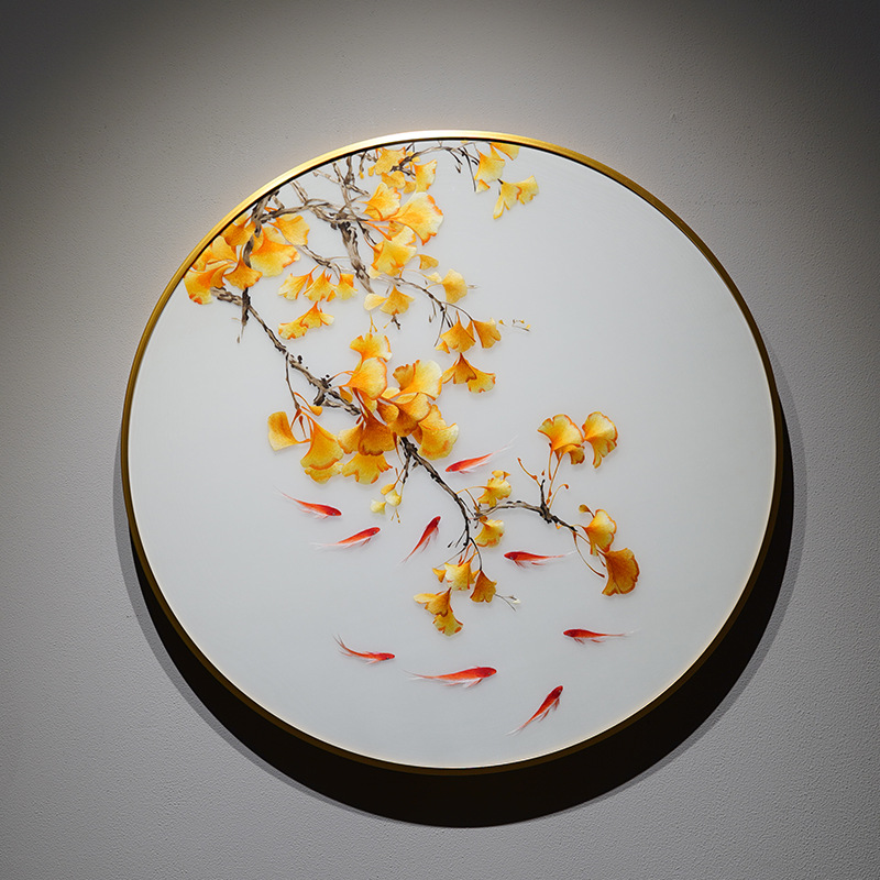 苏绣成品挂画手工自绣银杏九鱼客厅玄关新中式刺绣挂画精品装饰画