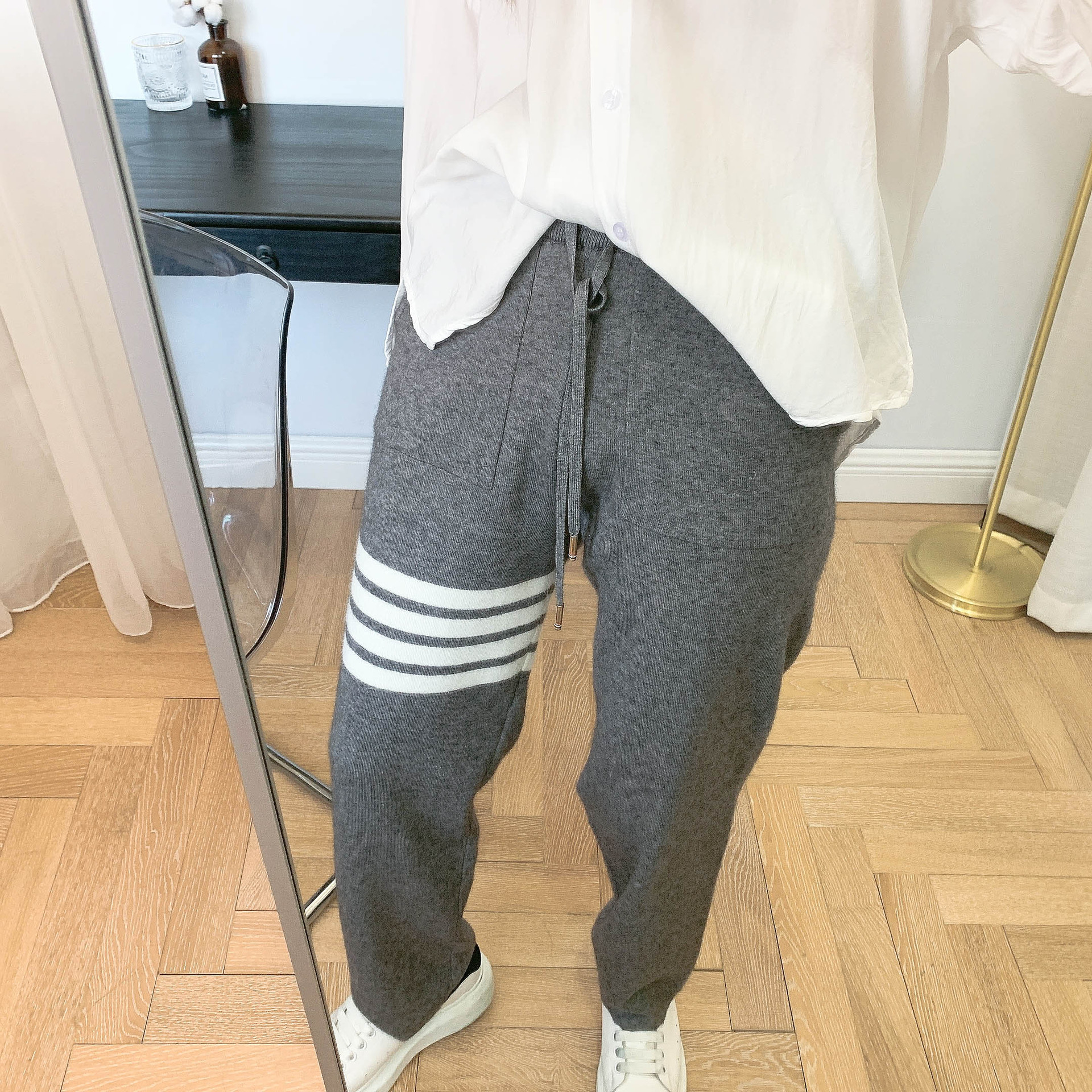 2020tb高腰长裤女针织裤灰色四杠宽松直筒ol休闲裤显瘦阔腿裤基础