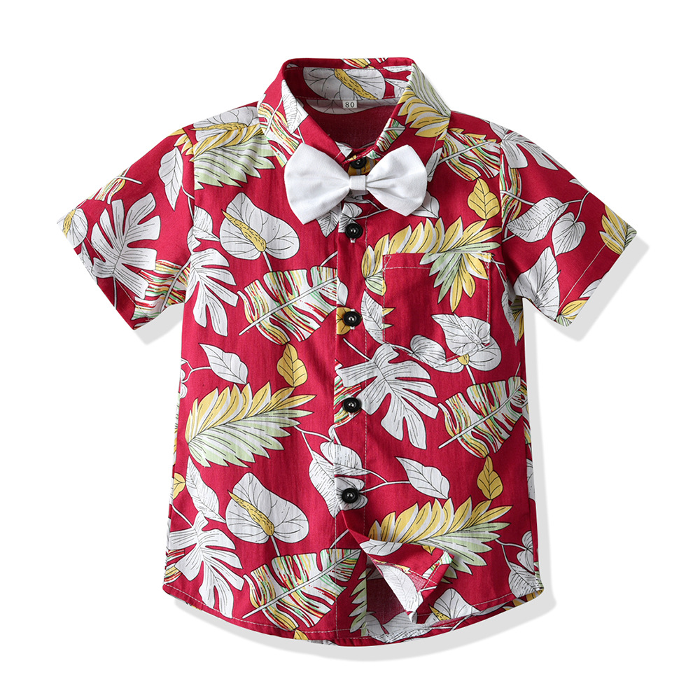 夏季中小童套装欧美童套装男童印花树叶衬衫短裤儿童衣服一件代发