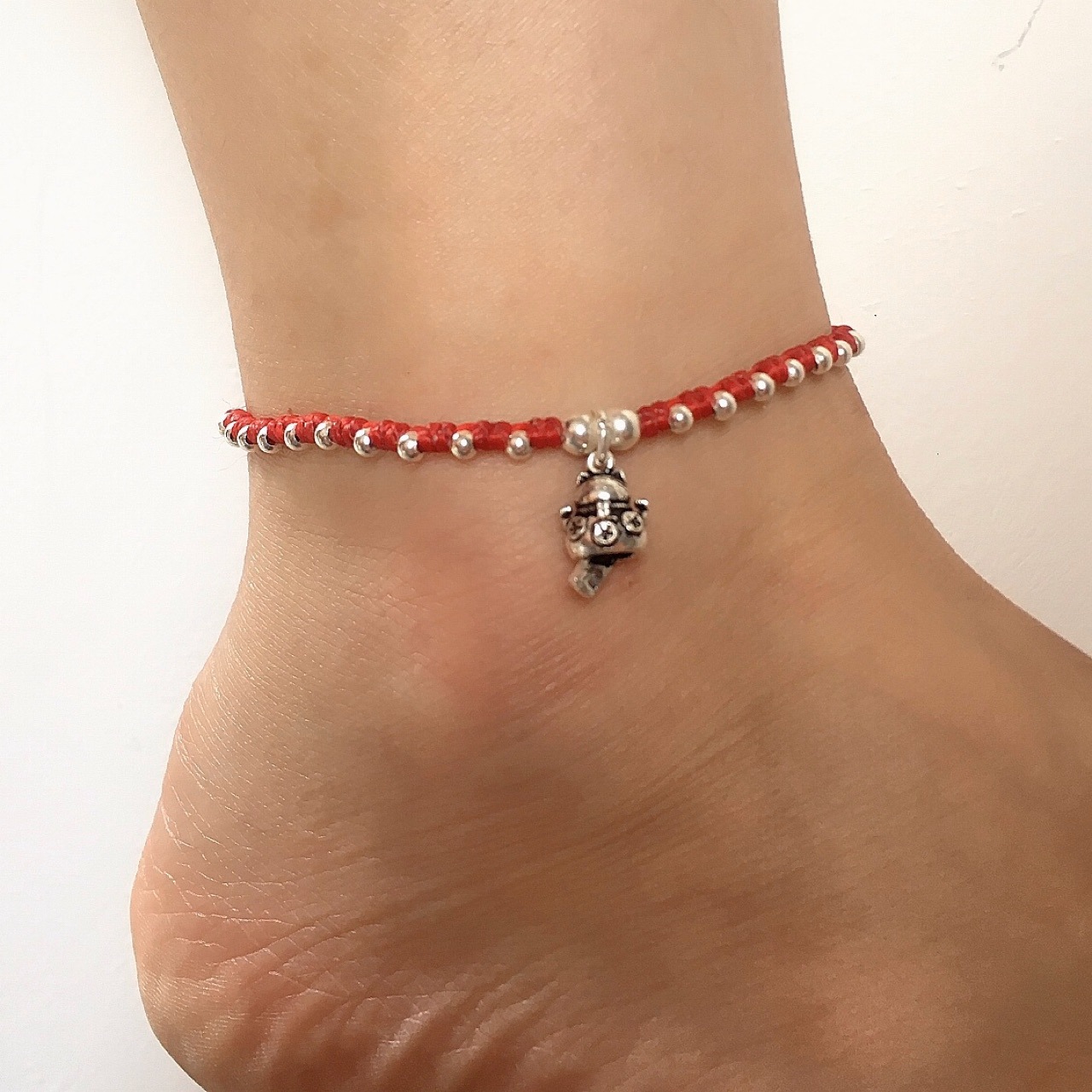 泰国蜡绳s925纯银猫脚链 手工编织银珠子复古脚环 女百搭红绳脚饰