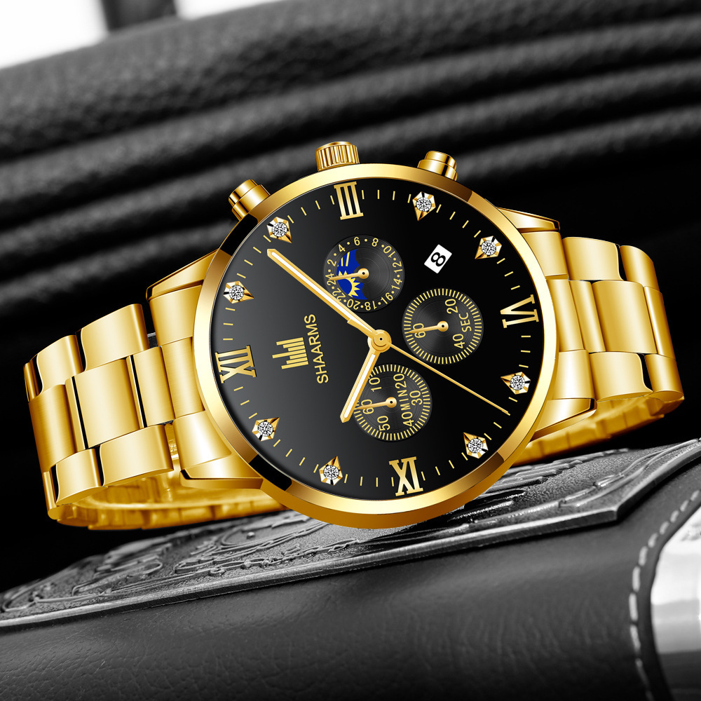 一件代发大卖镶钻男士钢带手表商务日历石英皮带手表男款现货批发