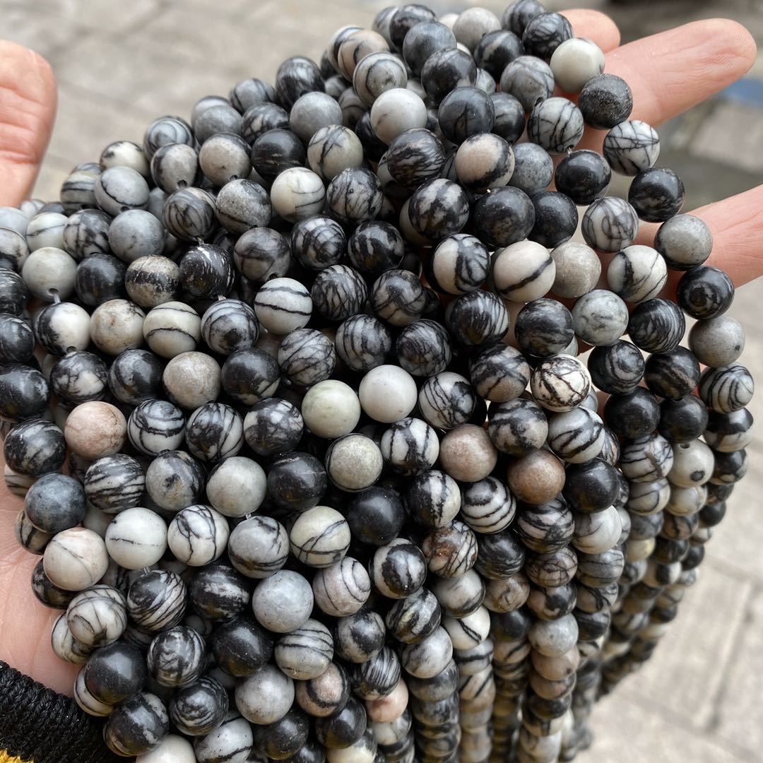 7a天然石 天然黑网络石珠子散珠diy手工饰品配件厂家直供跨境外贸
