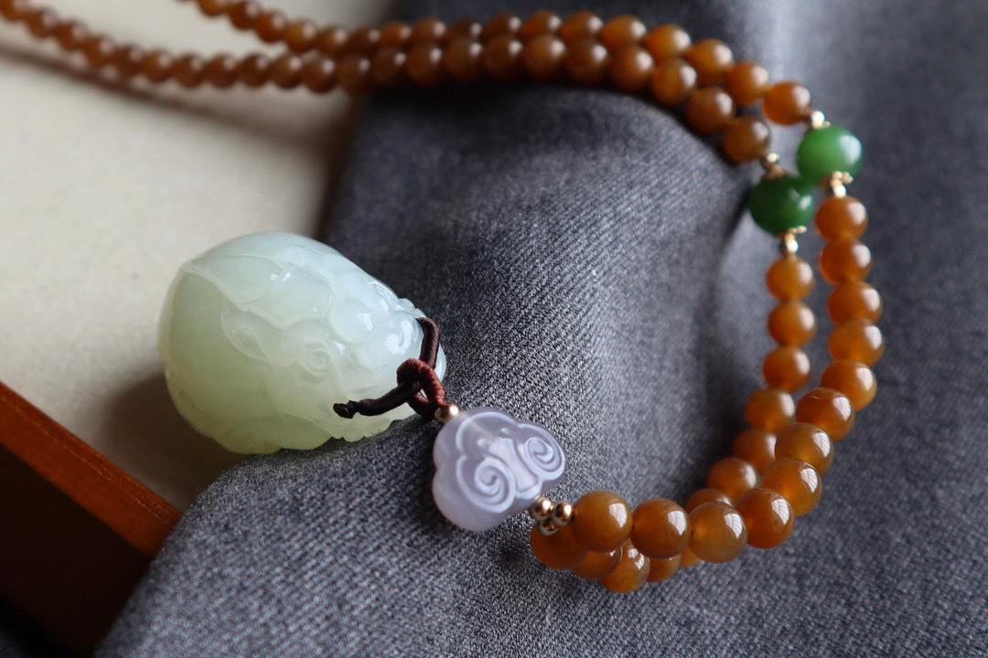 天然和田玉貔貅搭配末糖玉108颗佛珠项链古风韵味项链毛衣链